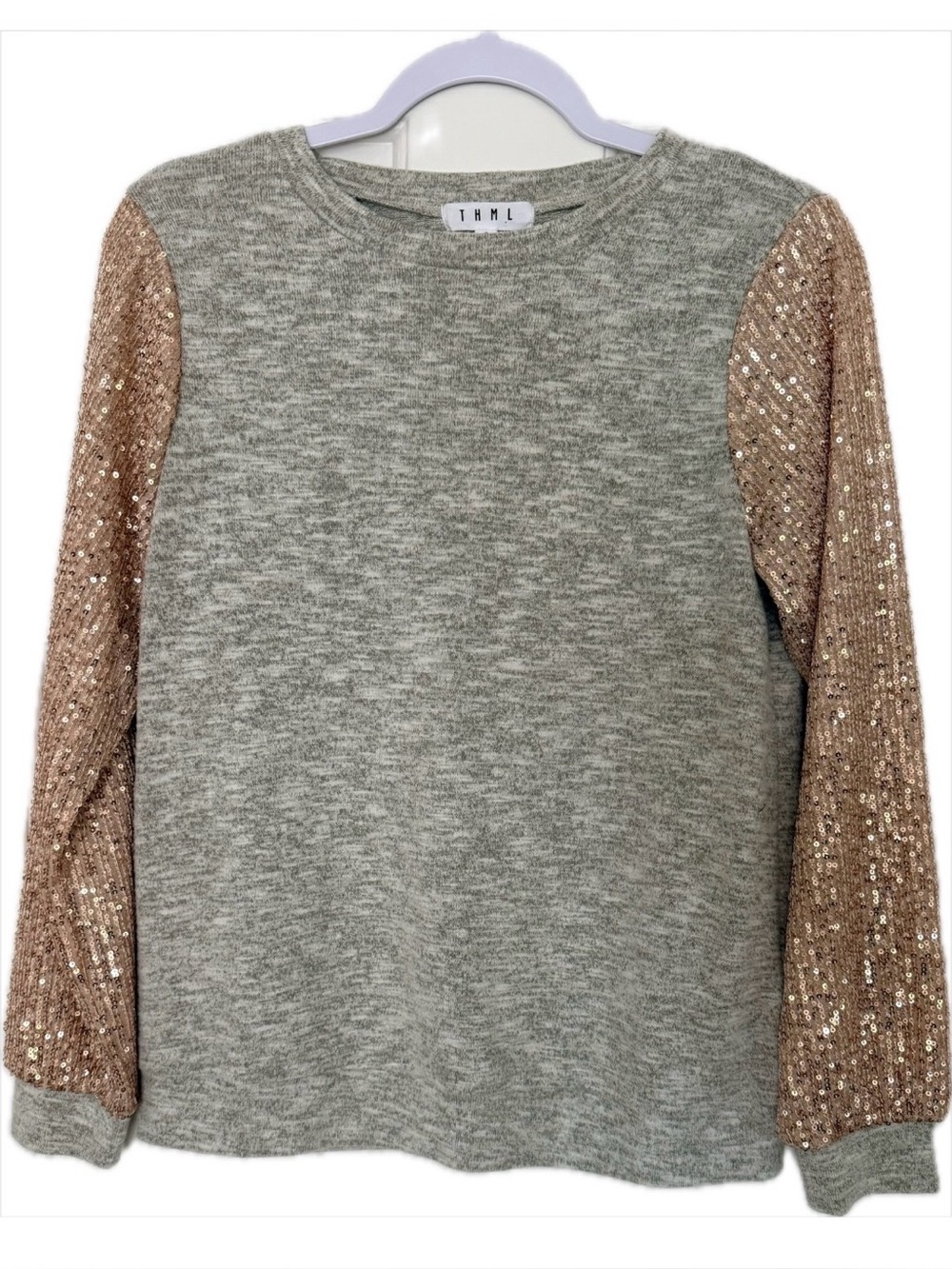 THML Heather Grey Sparkle Sweatshirt with Rose Gold Sequin Sleeves - Size S
